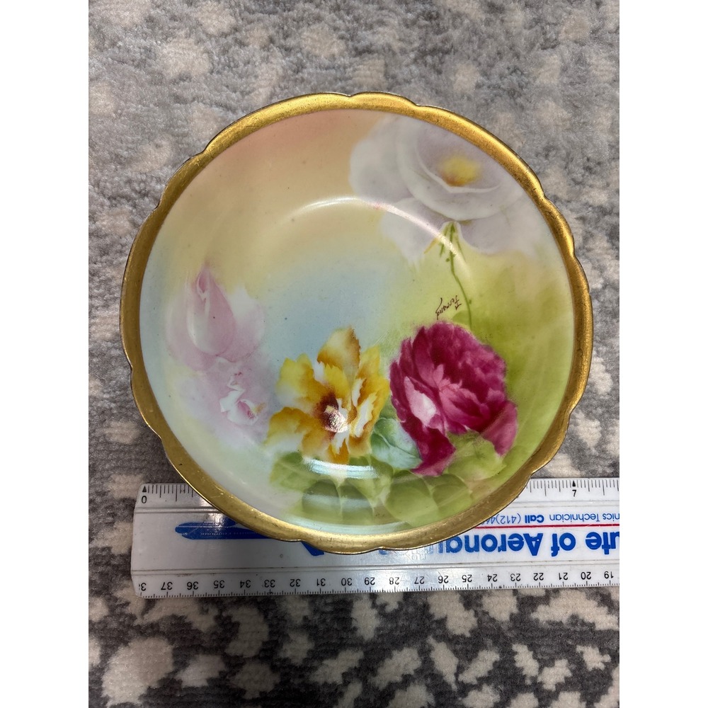 Coronet Limoges France Hand Painted Floral Bowl Artist Signed Ferrand Gold Rim